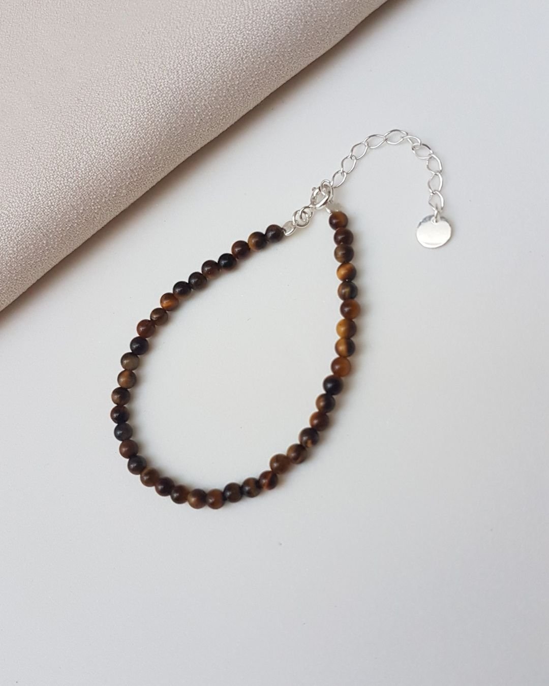 PULSEIRA PEDRAS OLHO DE TIGRE BOLINHAS 4MM E PRATA 925