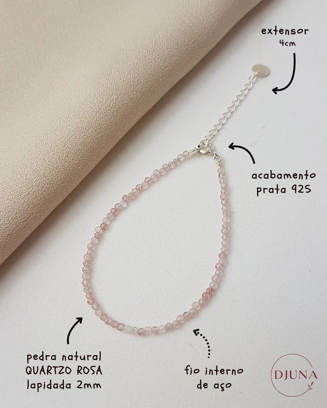PULSEIRA PEDRAS QUARTZO ROSA LAPIDADA 2 MM